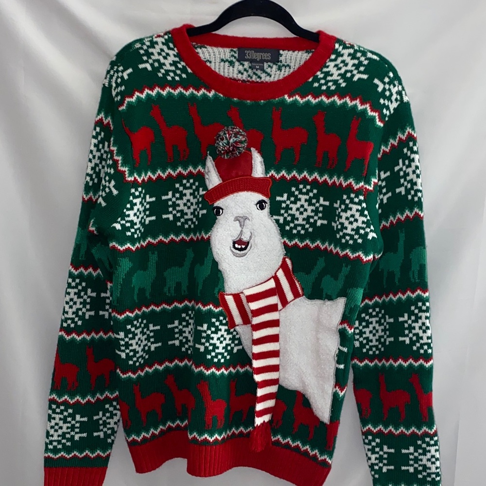 32 Degrees Festive Llama Sweater - Green and Red size Medium unisex clean‎